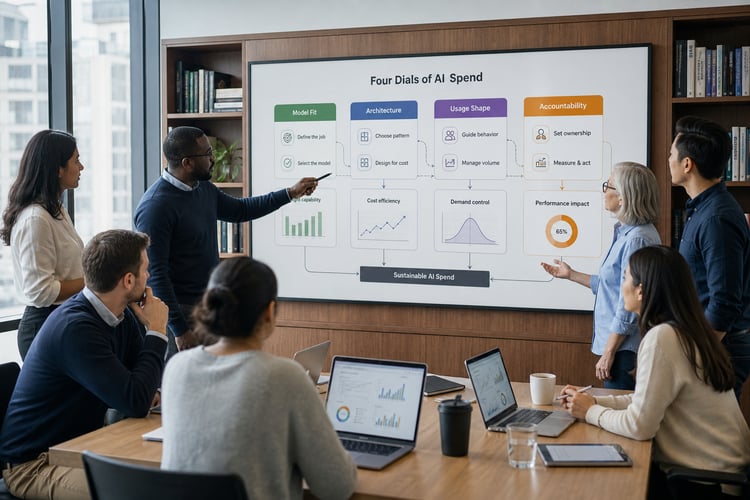 Team reviewing a Four Dials of AI Spend framework board - Model Fit, Architecture, Usage Shape, Accountability - in an office meeting