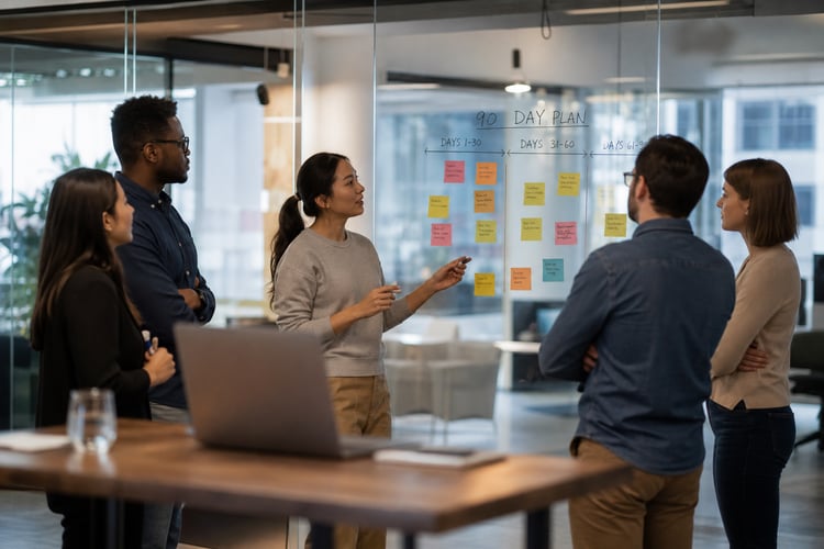 A revenue operations team planning a 90-day HubSpot RevOps build at a sticky-note wall