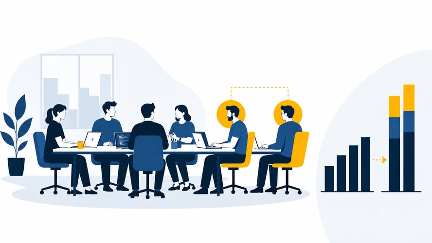 Mid-market engineering team at a shared table with two augmented specialists joining them and a rising capacity chart alongside