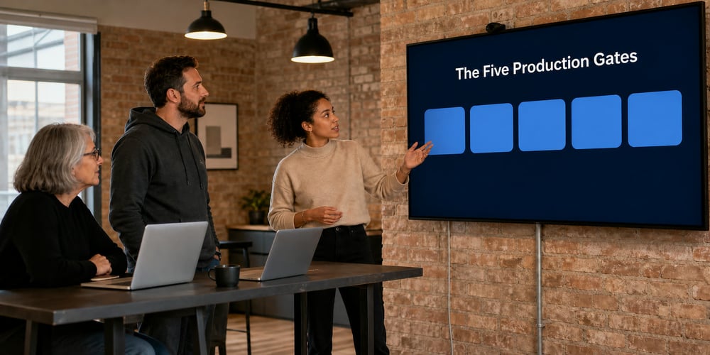 A SaaS product team in a brick-walled studio looks at a wall screen titled The Five Production Gates, the steps from an AI prototype to a production feature.