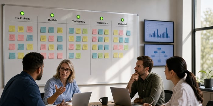 Team reviewing an AI project at a sticky-note wall headed The Problem, The Data, The Workflow, The Economics and The Control, each marked with a green light.