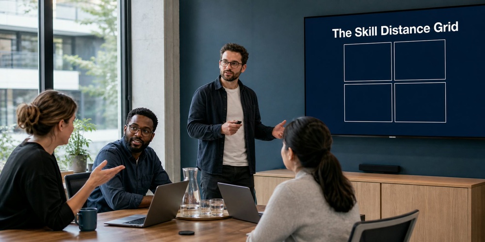 Tech team reviewing a wall screen titled The Skill Distance Grid, the framework for choosing whether to train, pair, borrow or hire the skills an AI-ready team needs