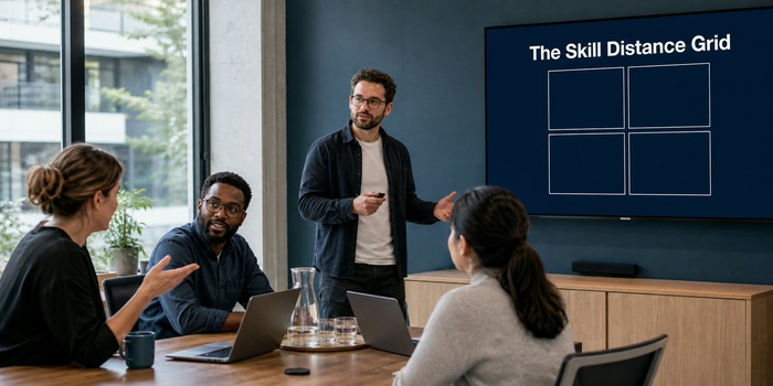 Tech team reviewing a wall screen titled The Skill Distance Grid, the framework for choosing whether to train, pair, borrow or hire the skills an AI-ready team needs