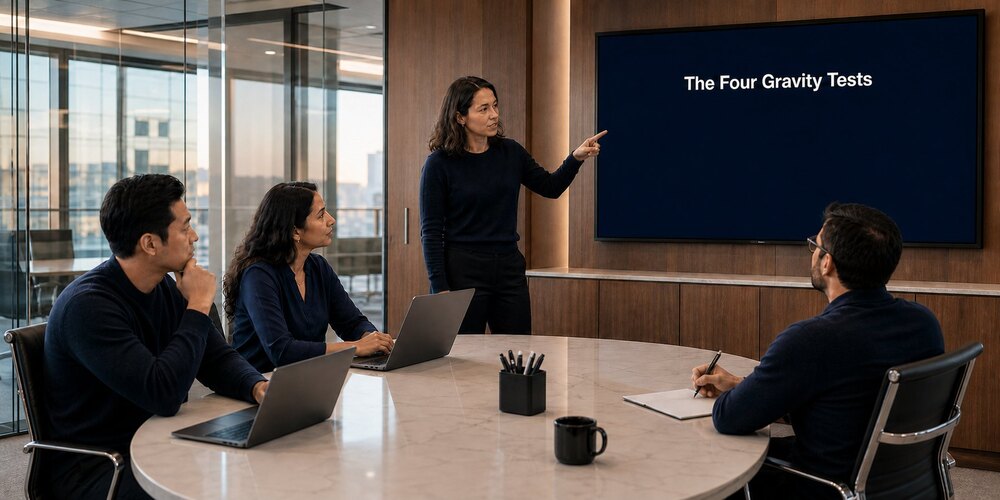 Cloud architect pointing at a wall screen titled The Four Gravity Tests, the framework for choosing between AWS, Azure and GCP at a mid-market company