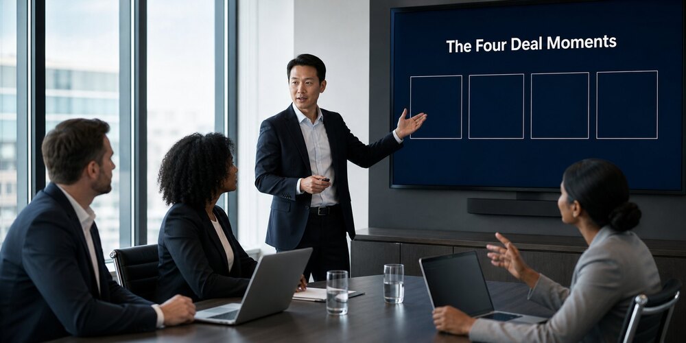 Operating partner presenting a wall screen titled The Four Deal Moments, the framework for controlling cloud spend across a private equity portfolio