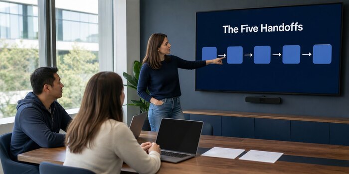 Product team reviewing a wall screen titled The Five Handoffs, the model for combining user-centered design with cloud-native architecture in one pipeline