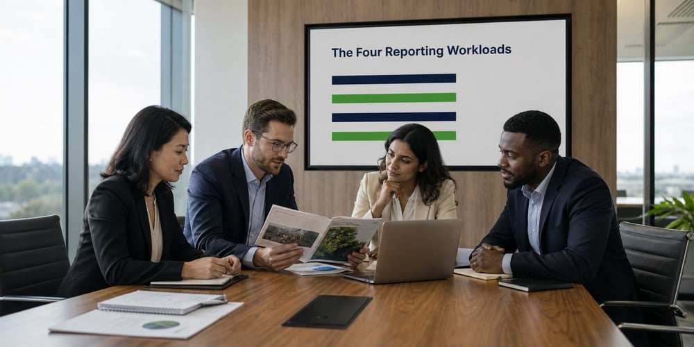 Four business professionals review a printed sustainability report at a boardroom table while a wall screen behind them displays a diagram titled The Four Reporting Workloads
