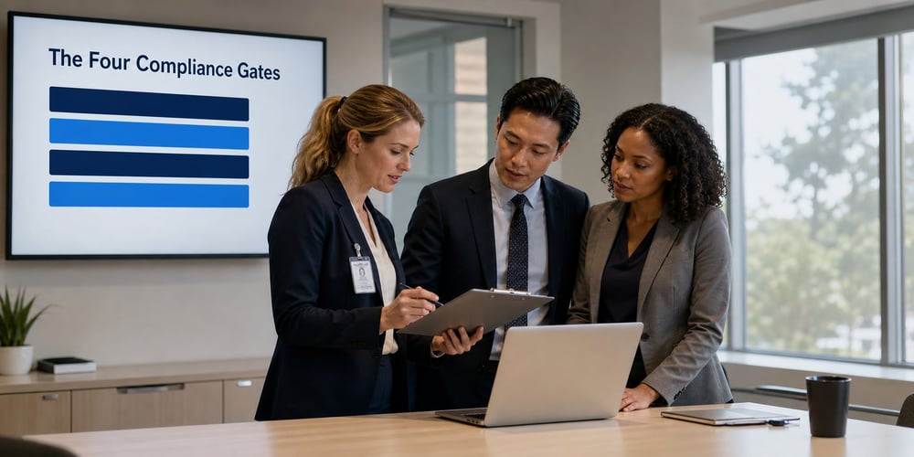 Three healthcare IT professionals review contractor onboarding paperwork at a conference table while a wall screen behind them displays a checklist titled The Four Compliance Gates
