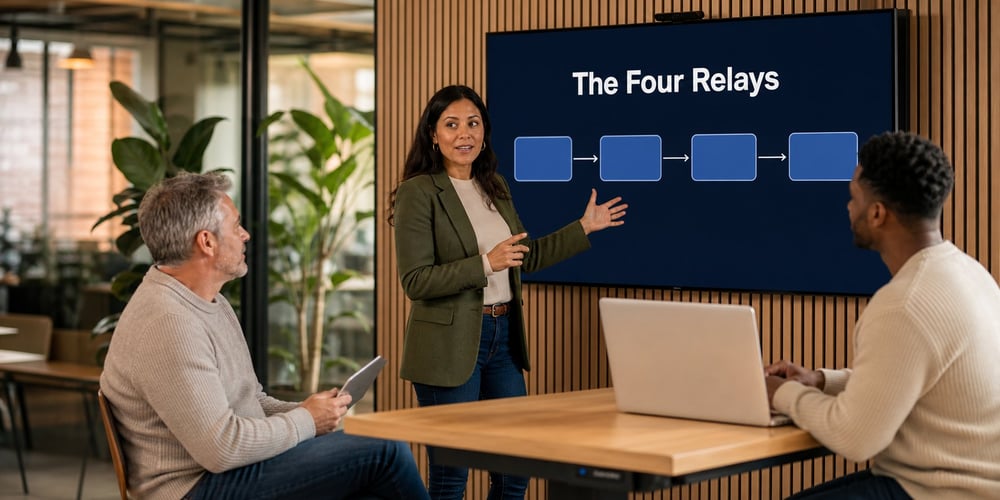 A revenue operations lead walks two colleagues through a wall screen titled The Four Relays while planning HubSpot workflow automation.