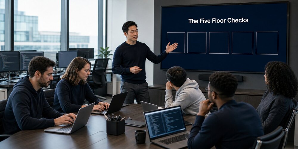 Delivery manager presenting a wall screen titled The Five Floor Checks, the checklist for verifying an offshore development center before your team moves in