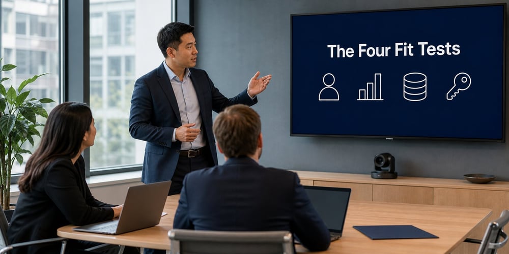 Private equity team reviewing a wall screen titled The Four Fit Tests, the framework for deciding whether to build or buy portfolio company reporting