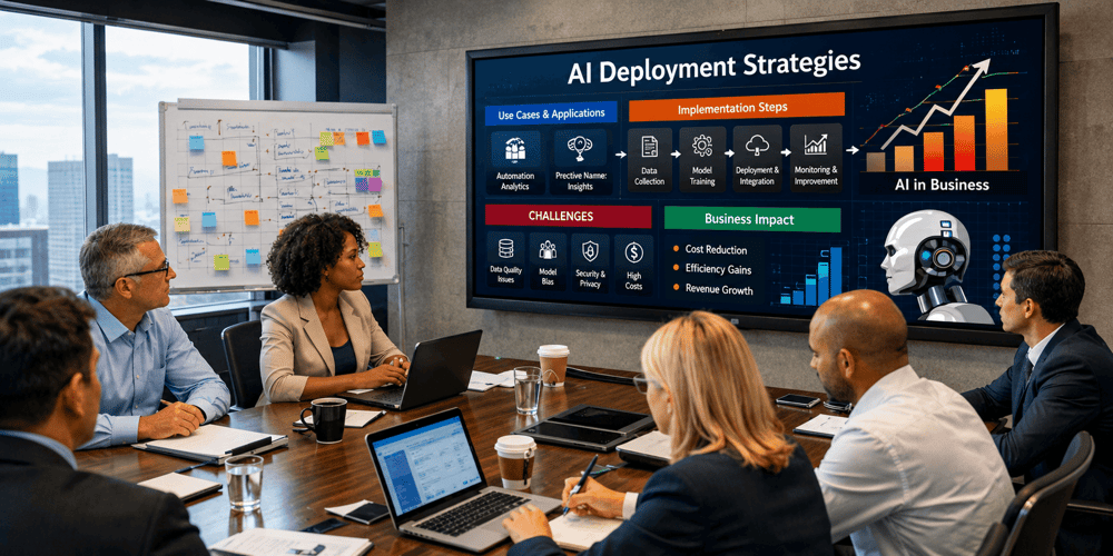 Senior executives reviewing AI deployment strategy on a boardroom display — illustrating how private equity firms are operationalising the OpenAI DeployCo and Anthropic enterprise AI ventures across portfolio companies