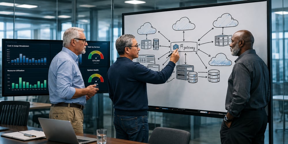 Senior engineers sketching an AI gateway network diagram on a whiteboard, showing the gateway routing traffic between client applications and LLM providers