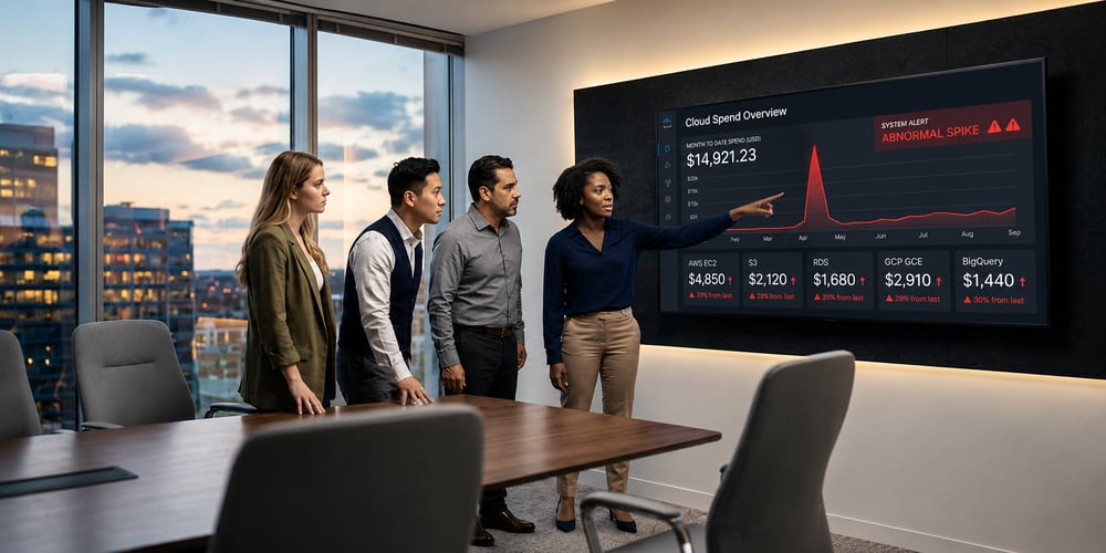 Enterprise team reviewing a real-time AI cloud cost dashboard showing a spike in spend — illustrating runaway