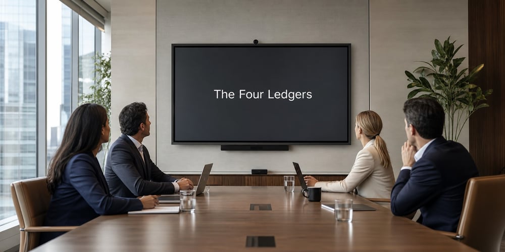 Five colleagues seated around a conference table in a bright modern office, looking at a large wall-mounted screen that reads The Four Ledgers.