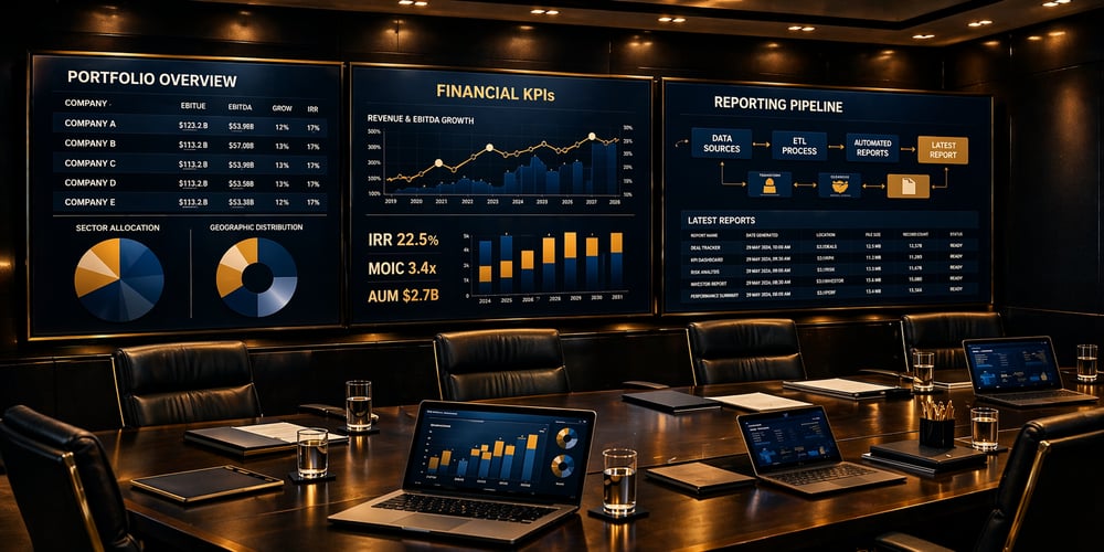 Private Equity War Room with Financial Dashboards and Gold Accents