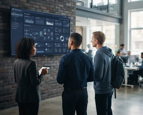 Engineering team reviewing a server patch dashboard on a wall screen