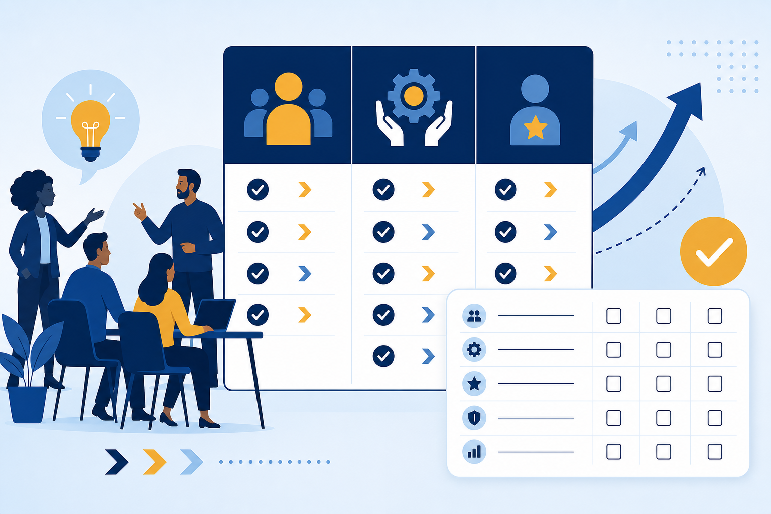 Illustration comparing three engagement models — staff augmentation, managed services, and consulting — with a decision-scorecard motif in navy and amber.