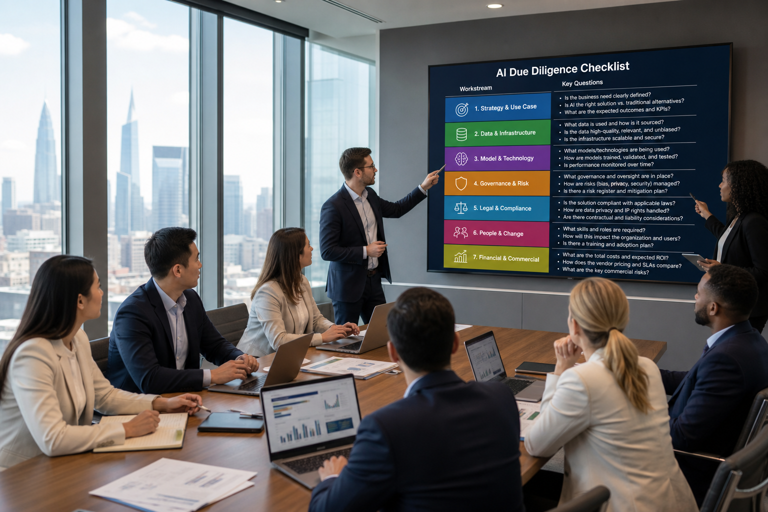 Private equity deal team in a boardroom reviewing an AI due diligence checklist on a wall screen