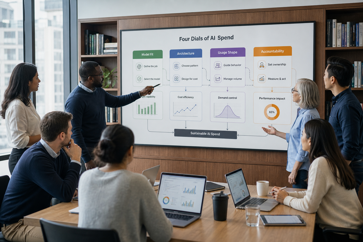 Team reviewing a Four Dials of AI Spend framework board - Model Fit, Architecture, Usage Shape, Accountability - in an office meeting