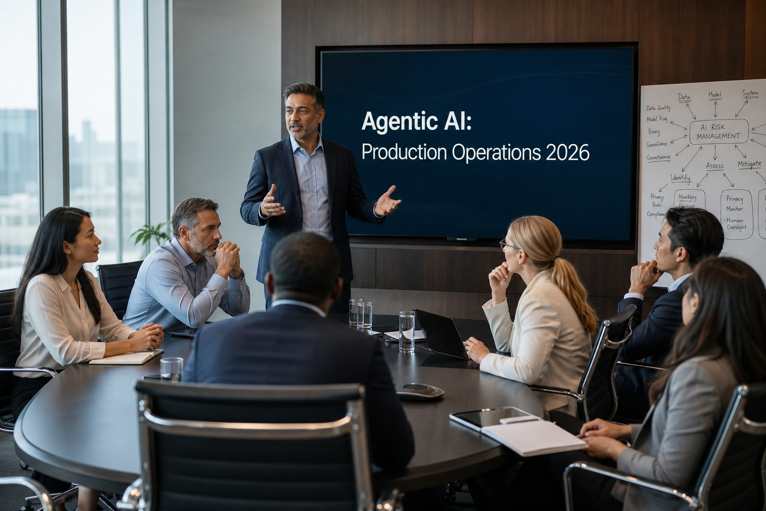 A presenter walks an executive team through an Agentic AI: Production Operations 2026 briefing on a wall screen in a modern conference room.