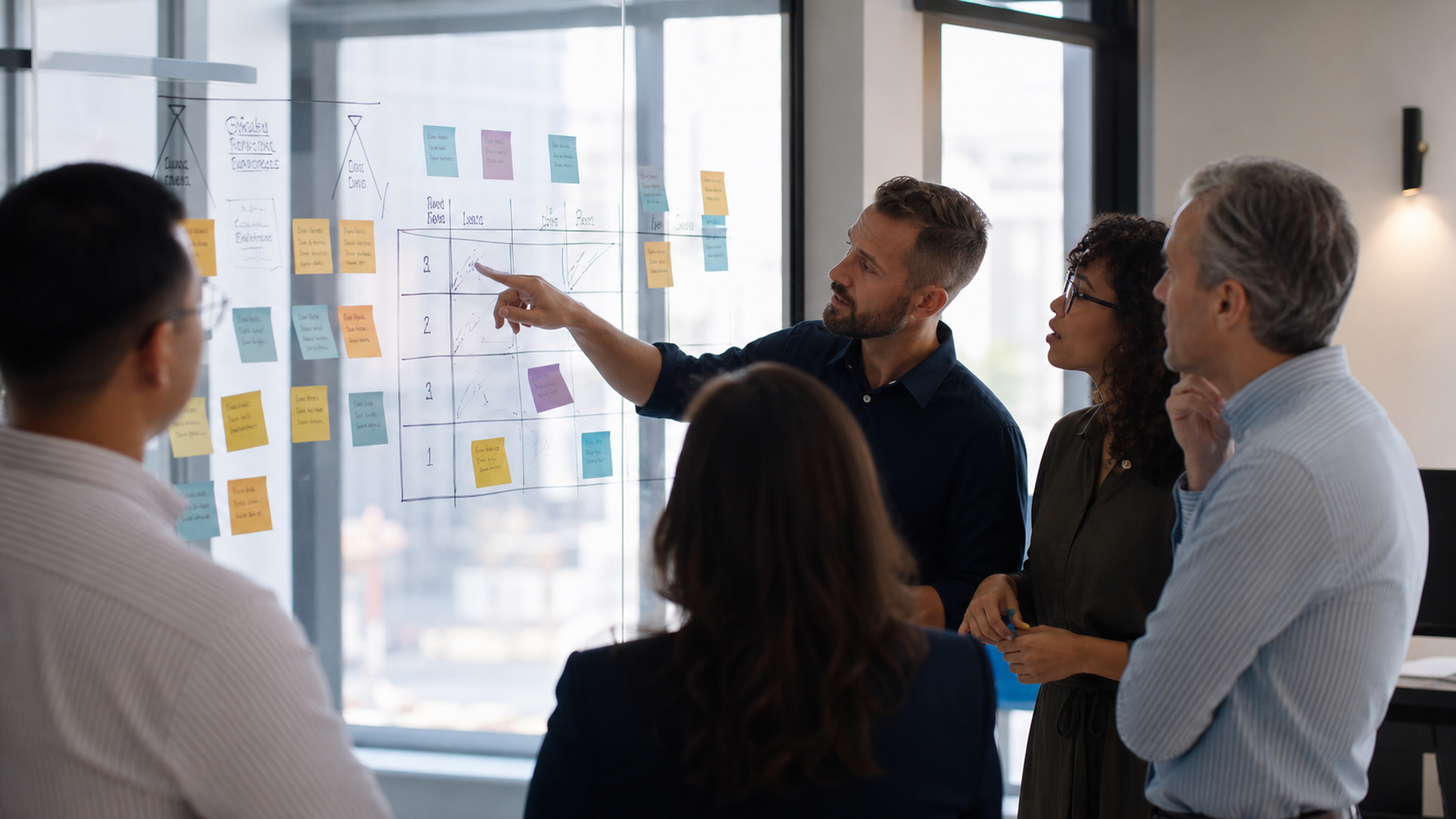 A diverse executive team running an enterprise AI readiness assessment at a sticky-note framework wall