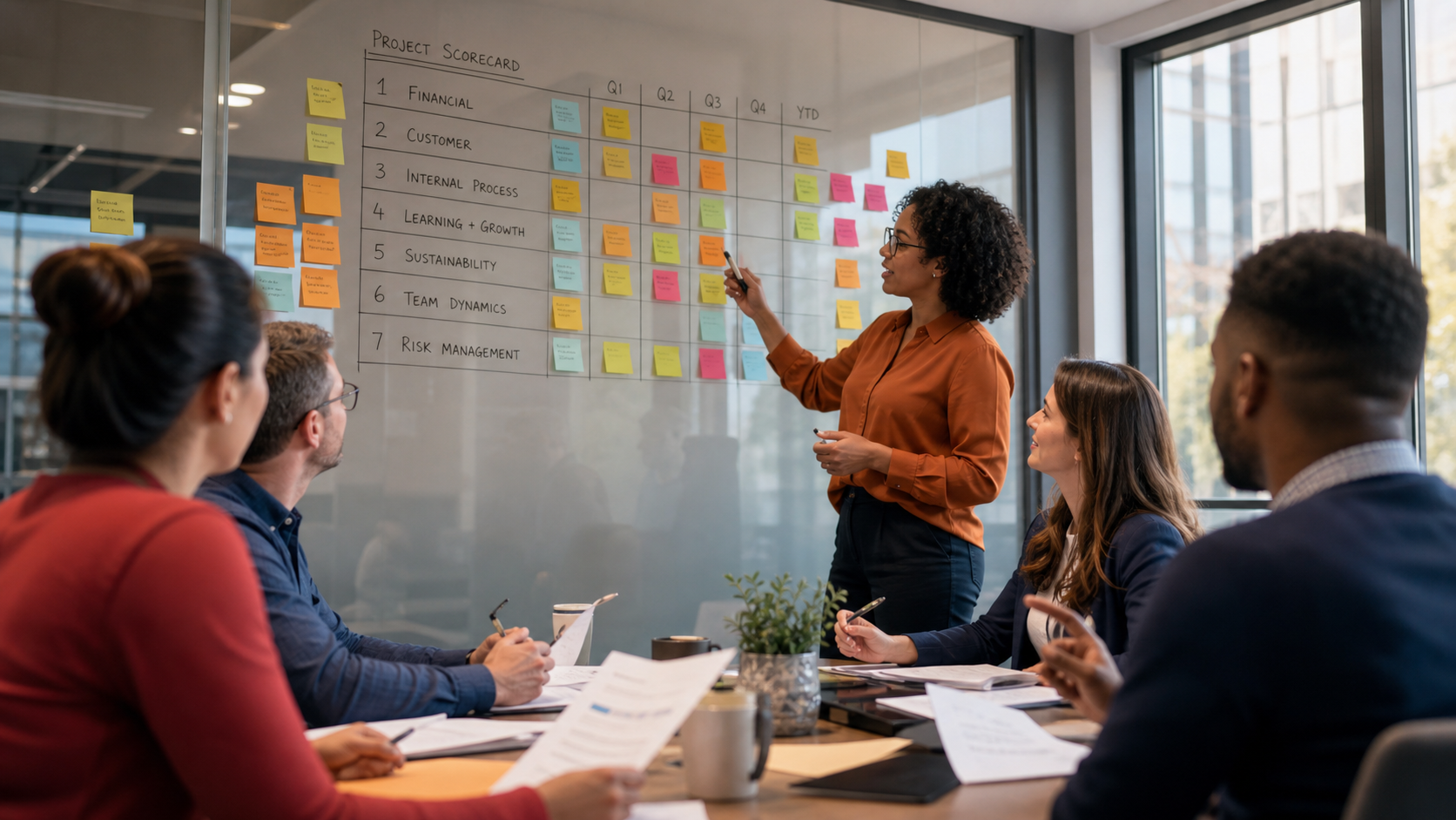A facilitator leading an AI readiness assessment workshop, scoring dimensions at a sticky-note board while a team fills out worksheets