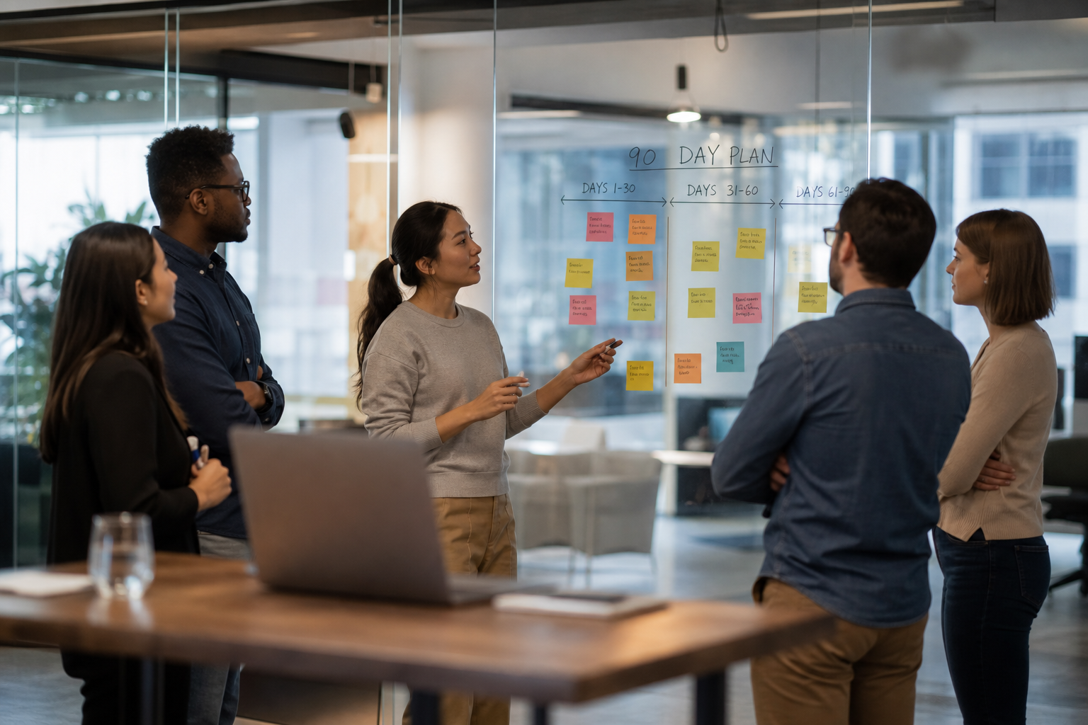 A revenue operations team planning a 90-day HubSpot RevOps build at a sticky-note wall