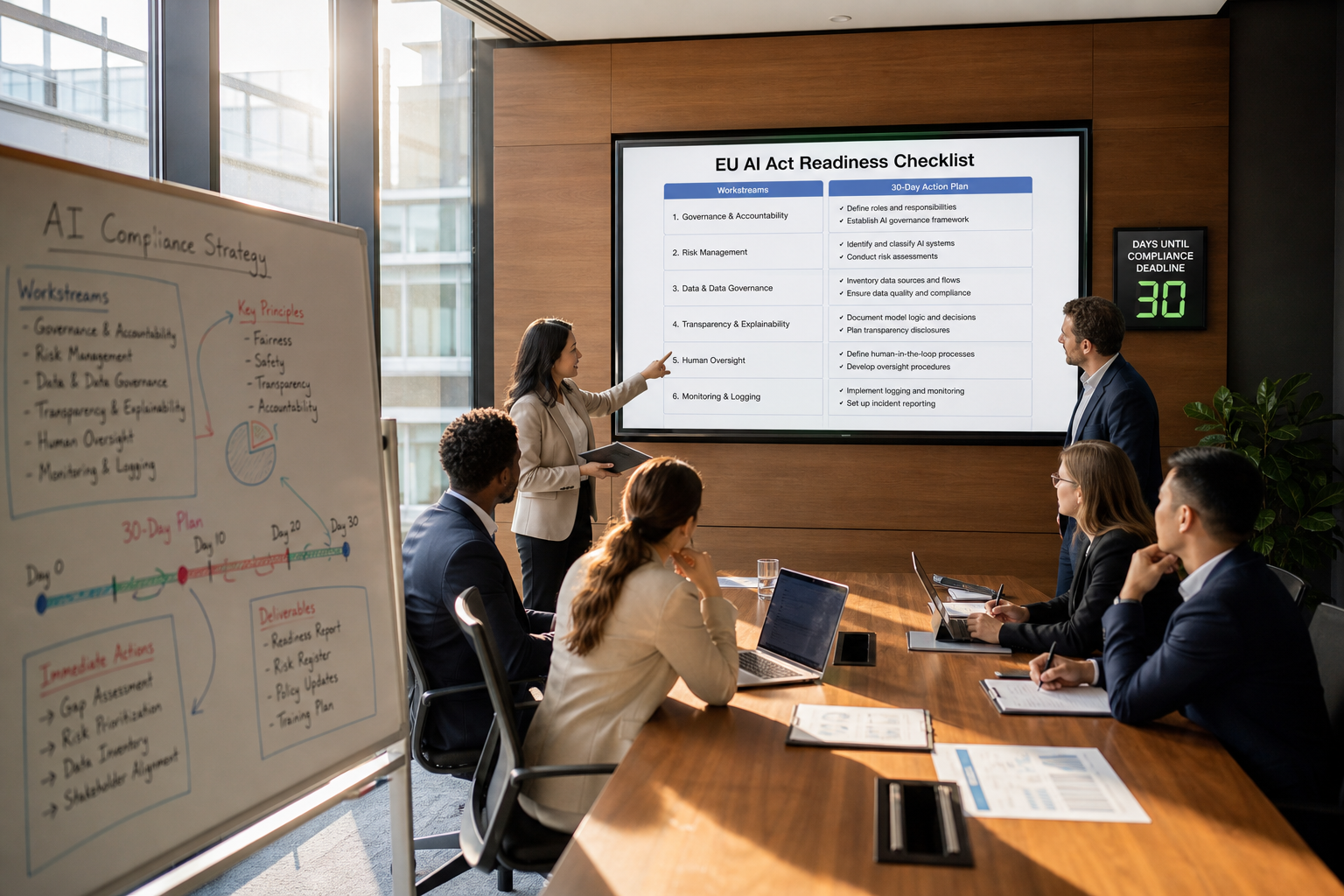 Enterprise team reviewing an EU AI Act readiness checklist on a boardroom screen ahead of the August 2026 compliance deadline