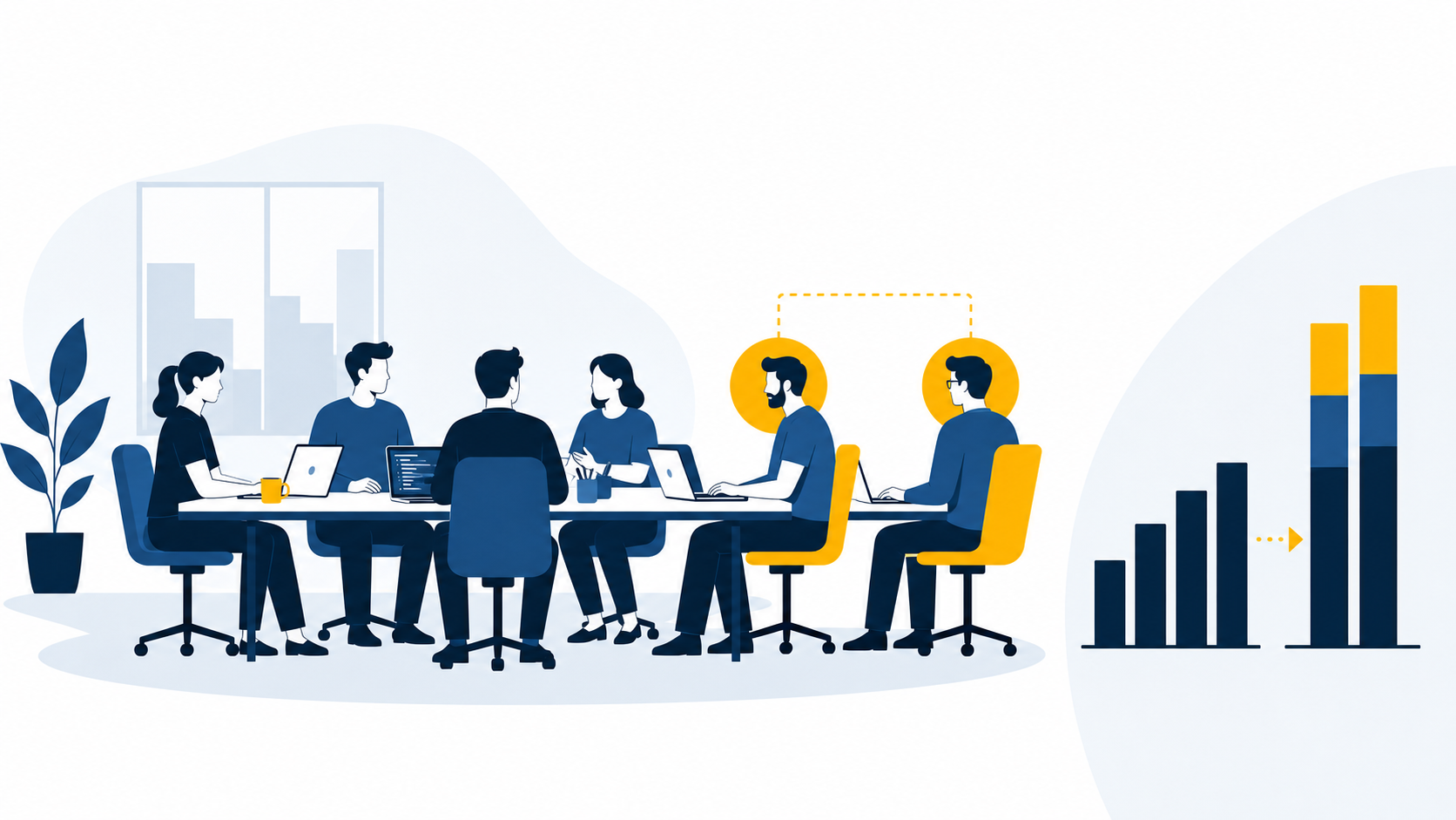 Mid-market engineering team at a shared table with two augmented specialists joining them and a rising capacity chart alongside