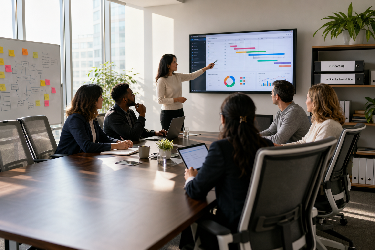 Team in a conference room reviewing a project dashboard before a HubSpot go-live, with Onboarding and HubSpot Implementation binders on the shelf.