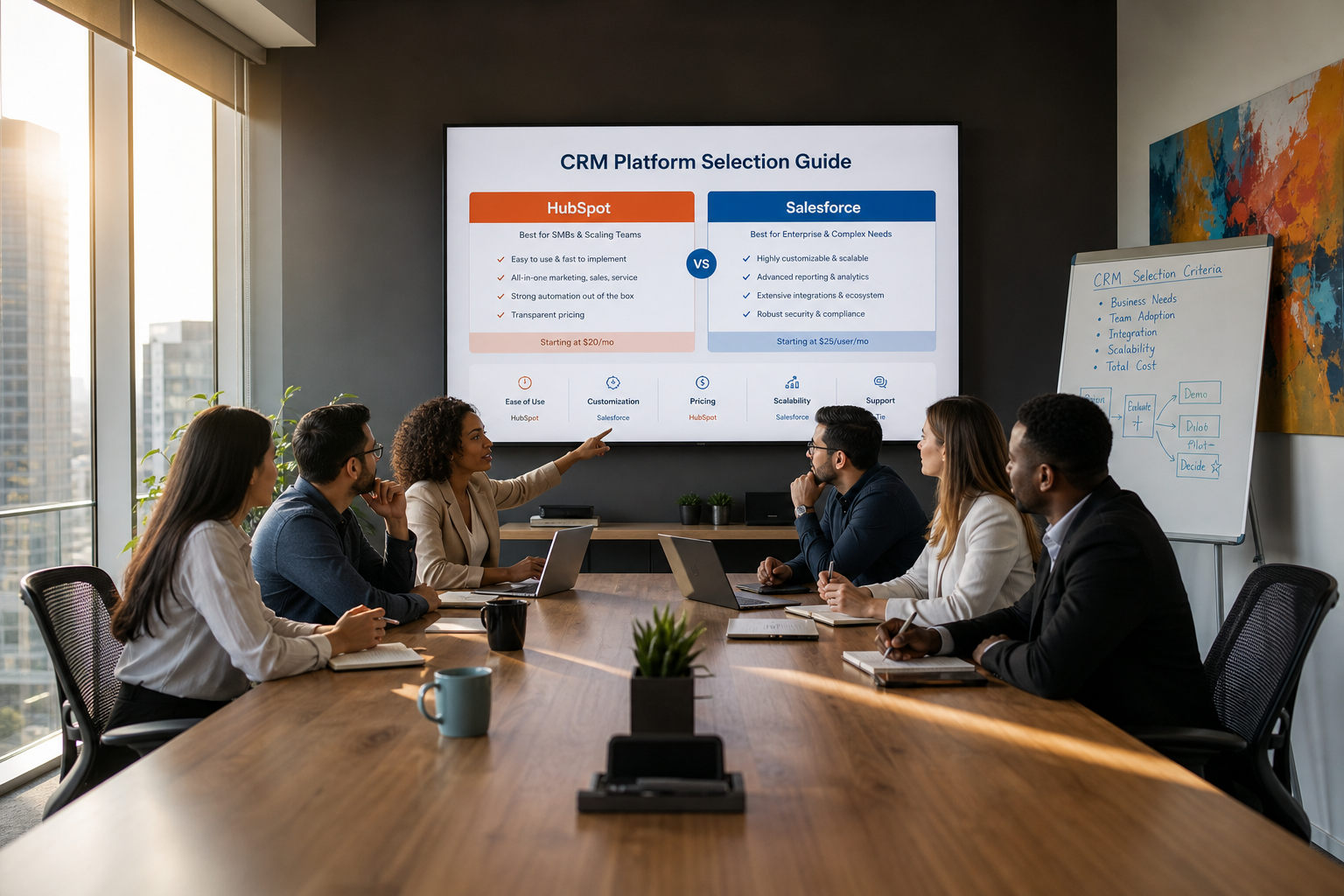 Mid-market leadership team in a conference room reviewing a CRM platform comparison while weighing HubSpot against Salesforce