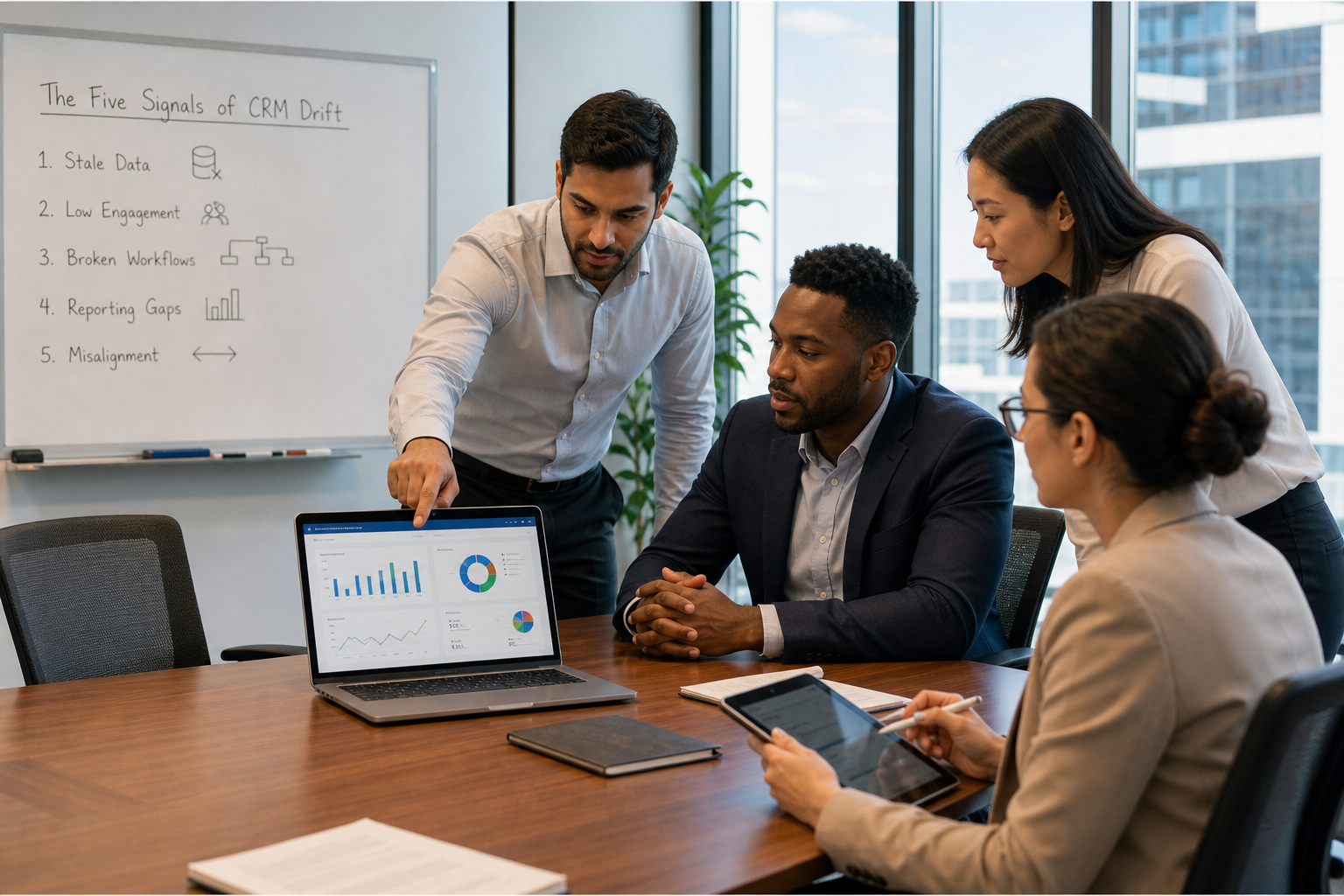 Team in a conference room reviewing a CRM dashboard beside a whiteboard titled The Five Signals of CRM Drift