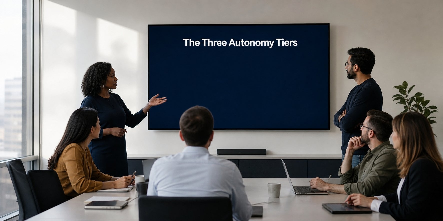 A small IT operations team in a modern office looks at a wall screen that reads The Three Autonomy Tiers, the framework for deciding which runbooks an AI agent may run unattended