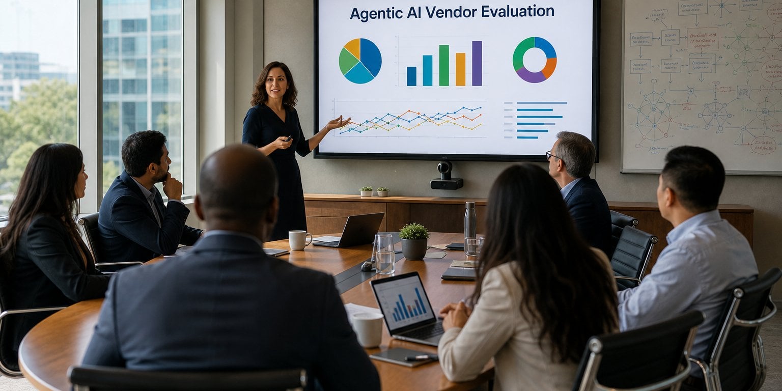 A presenter walks a mid-market leadership team through an Agentic AI Vendor Evaluation presentation on a conference room screen showing charts and a scoring dashboard