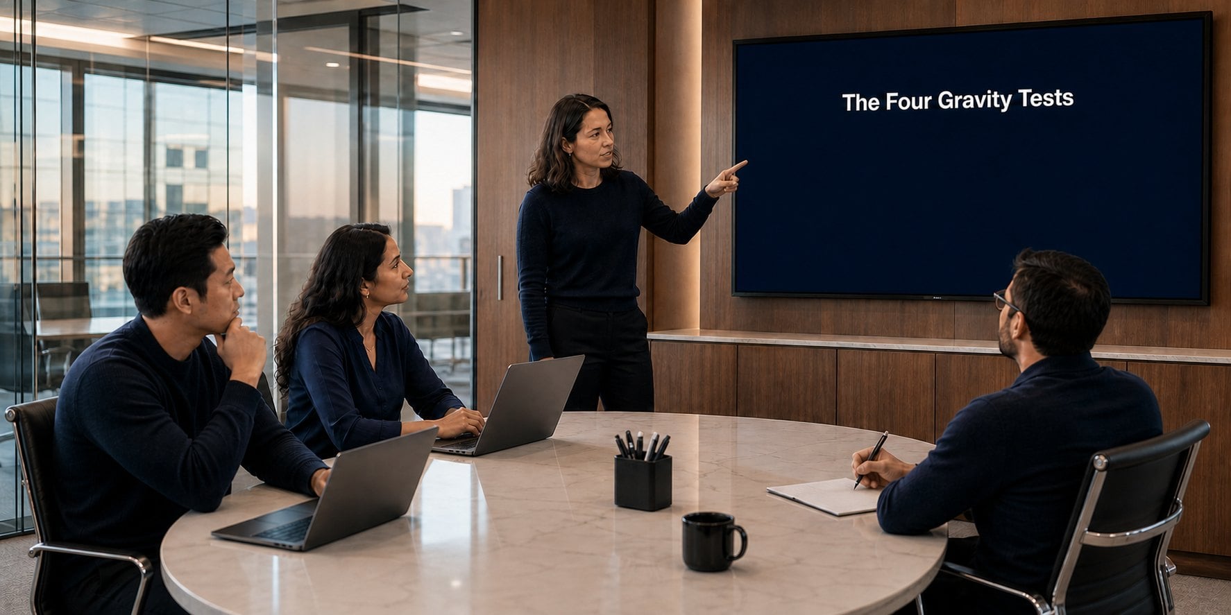 Cloud architect pointing at a wall screen titled The Four Gravity Tests, the framework for choosing between AWS, Azure and GCP at a mid-market company