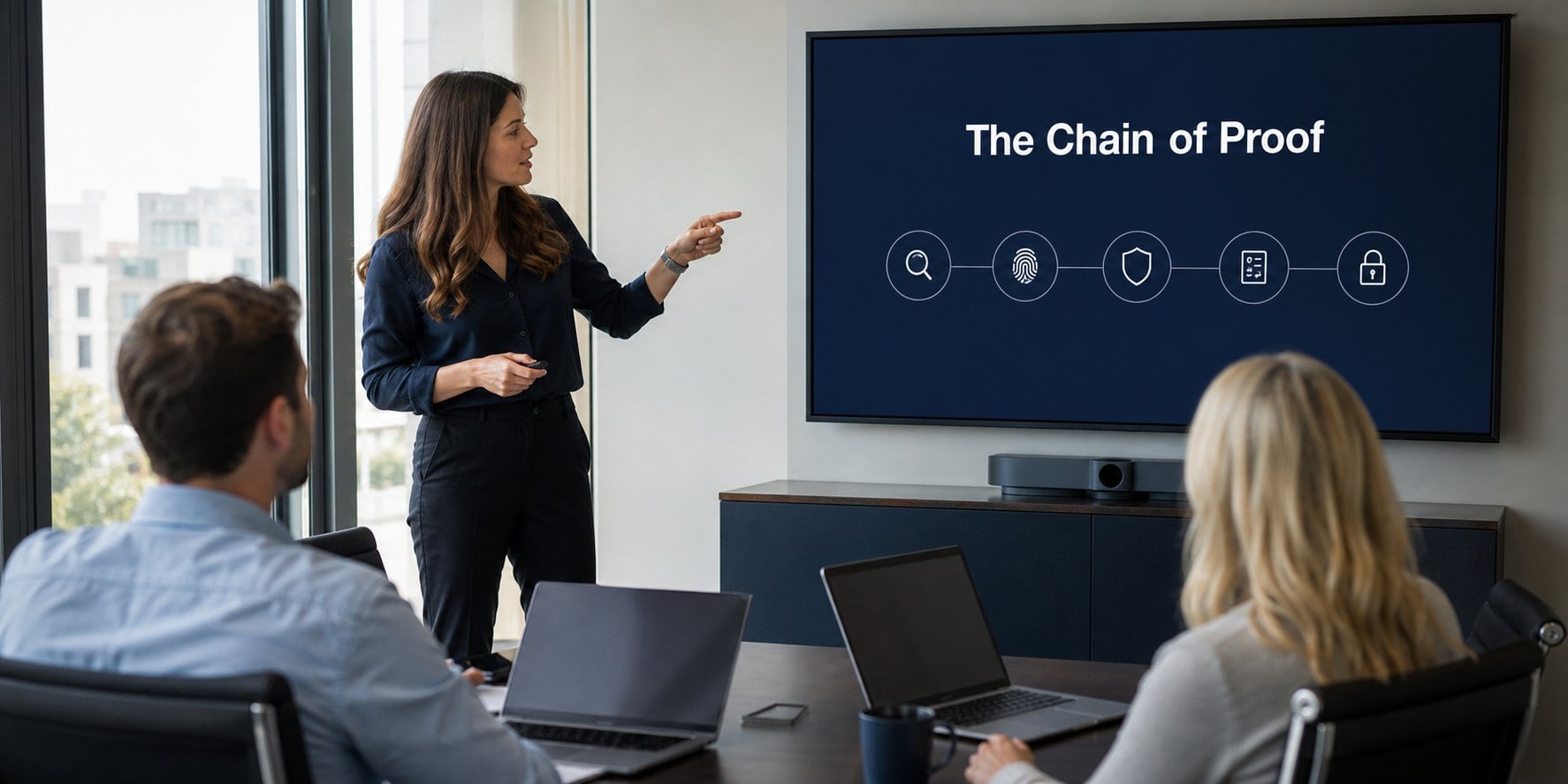 Hiring team reviewing a wall screen titled The Chain of Proof, the five-checkpoint playbook for detecting candidate fraud in remote hiring
