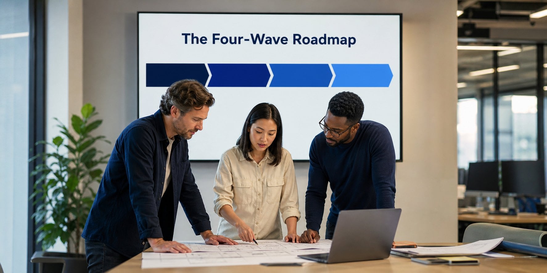 Three engineers review printed architecture diagrams and a laptop at a table while a wall screen behind them displays a roadmap titled The Four-Wave Roadmap