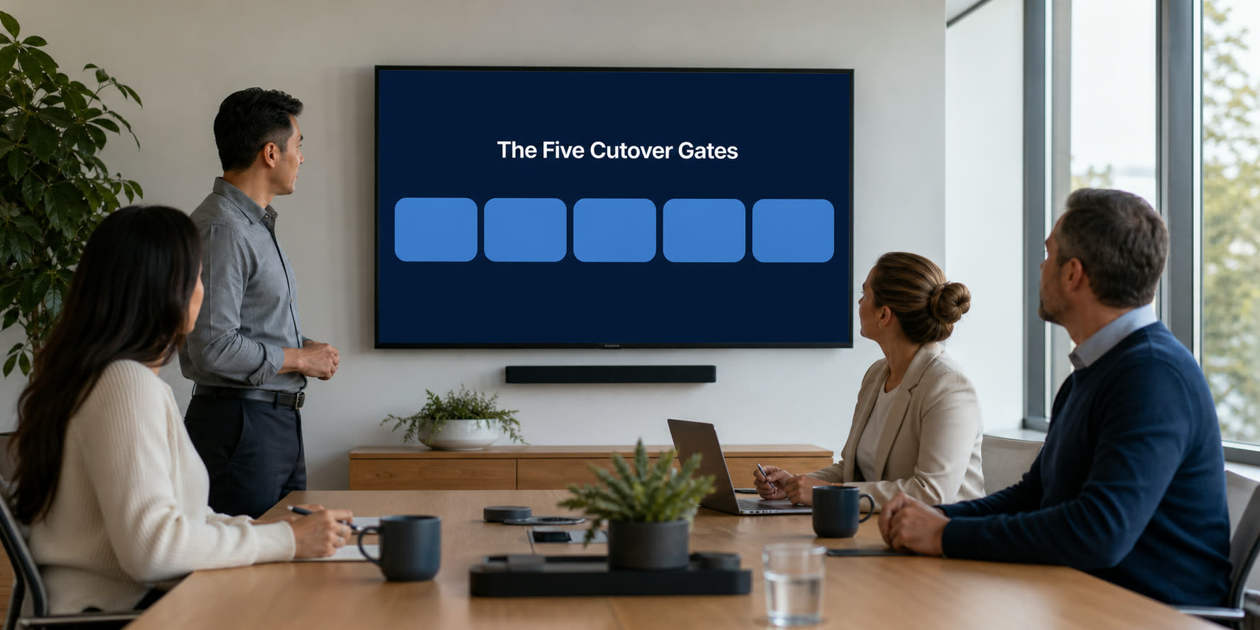 An operations team in a bright conference room reviews a wall screen titled The Five Cutover Gates, the steps of a HubSpot CRM migration with no lost data.