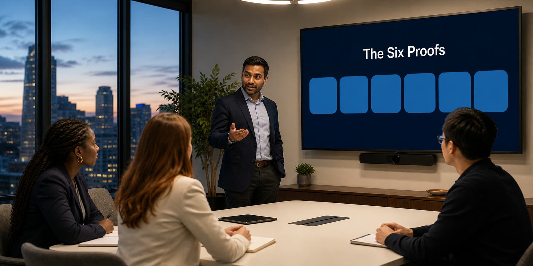 A data and analytics team in an evening office reviews a wall screen titled The Six Proofs, the parts of a good data readiness assessment.