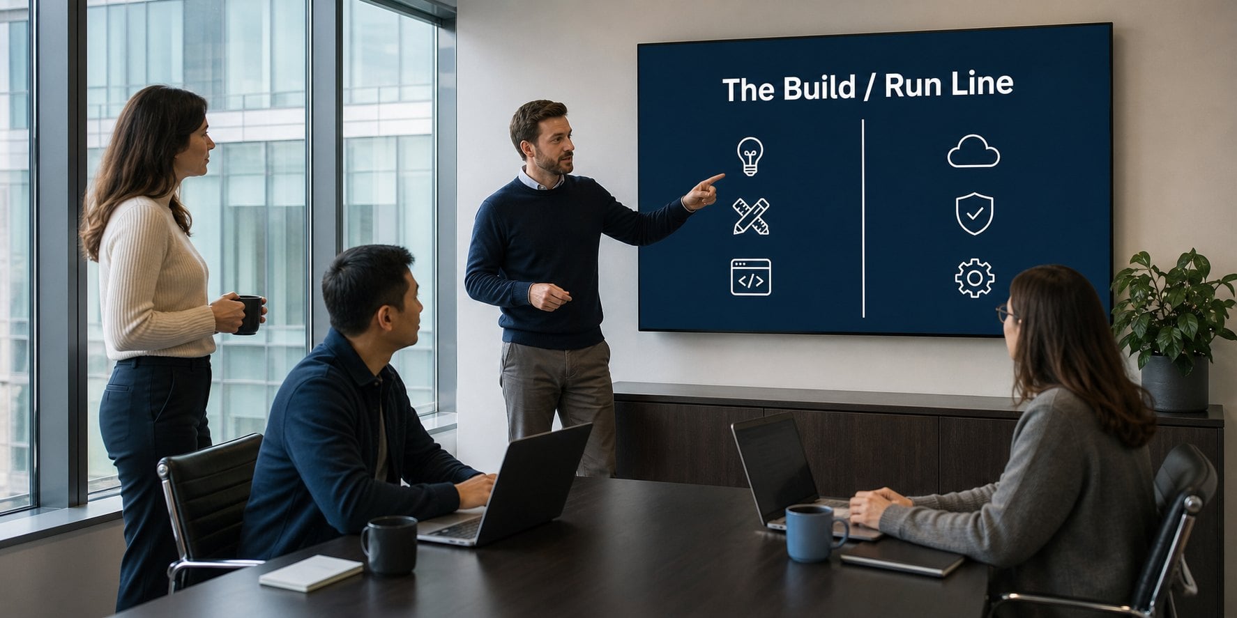 A four-person team in a bright office meeting room reviews a wall screen titled The Build / Run Line, with build icons on the left and run icons on the right of a dividing line.