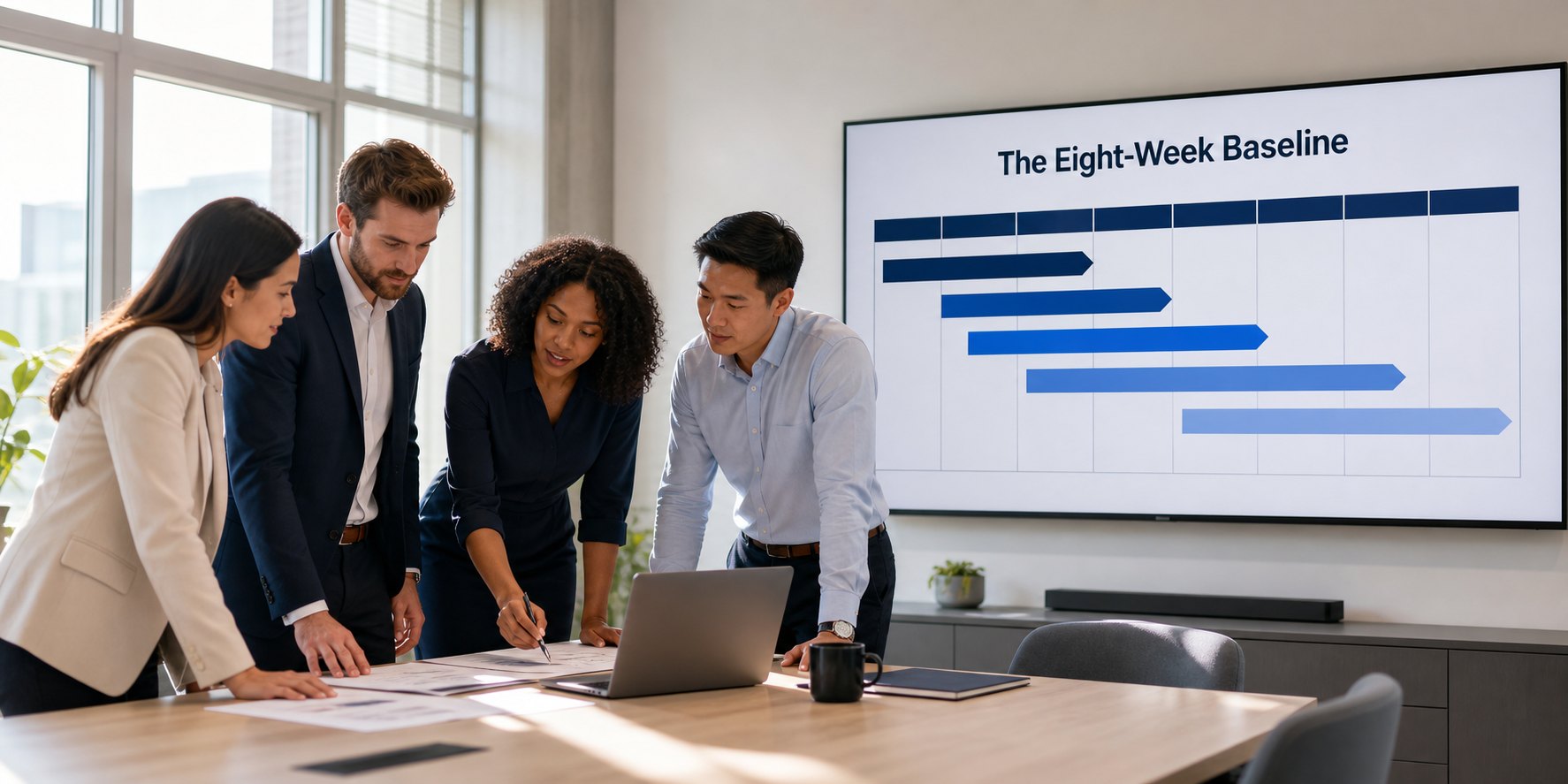 Four implementation team members review a HubSpot project plan at a conference table while the wall screen shows The Eight-Week Baseline timeline with five color-coded stage bars