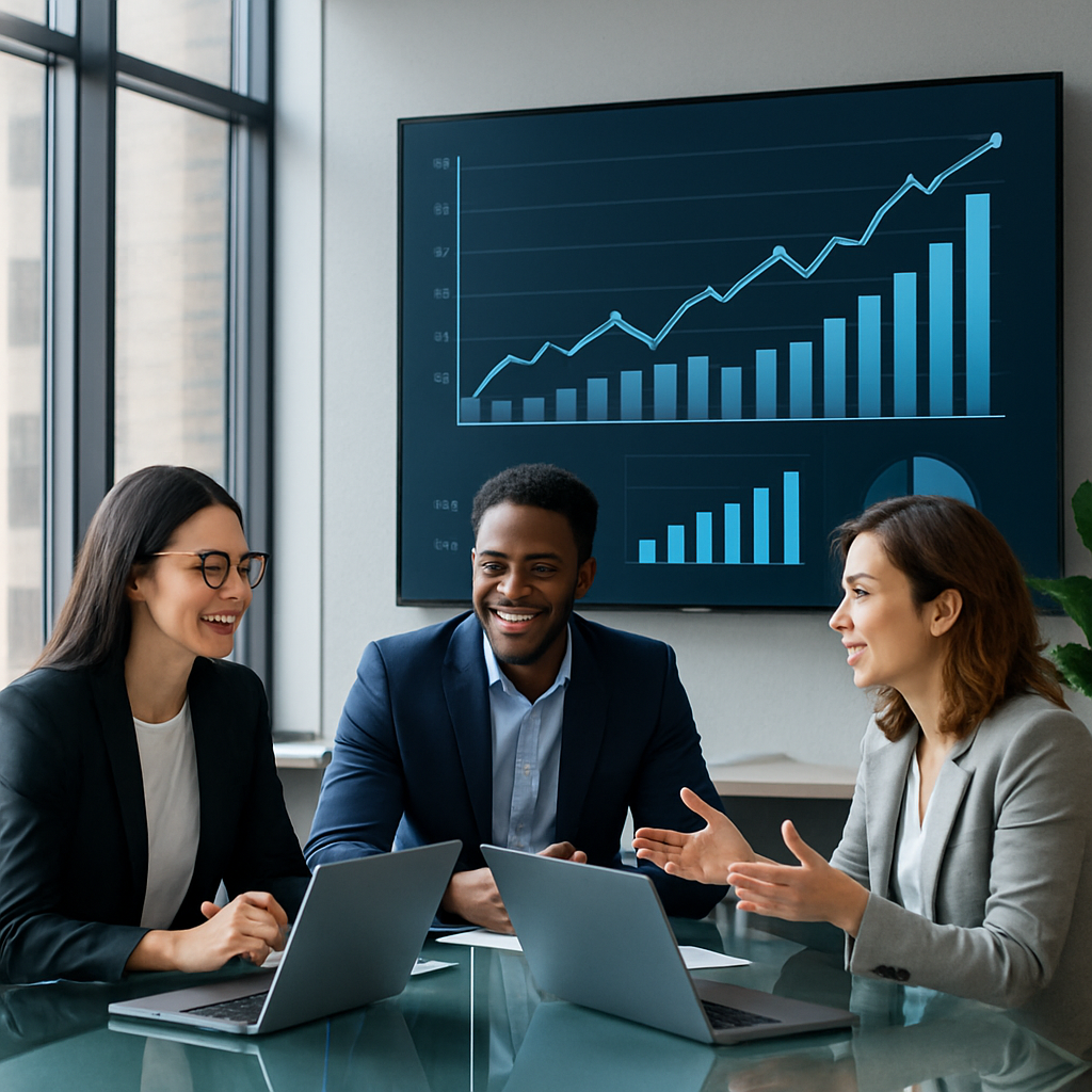 Three colleagues in a meeting room reviewing a wall-mounted dashboard of pipeline charts and trend lines during an executive reporting review.