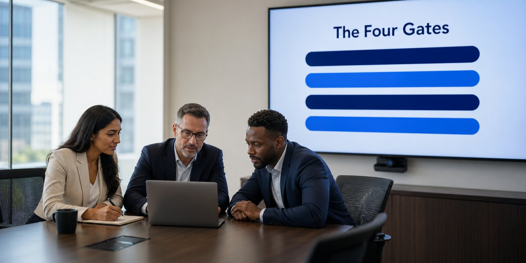 Three professionals review software usage on a laptop at a conference table while a wall screen behind them displays a framework titled The Four Gates
