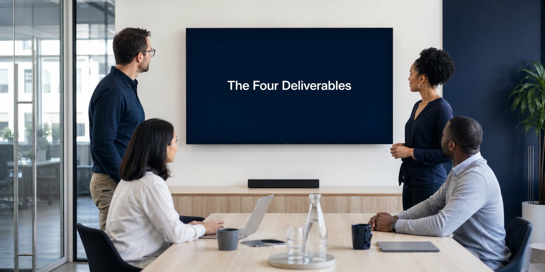 Four colleagues in a bright modern office looking at a wall screen that reads The Four Deliverables, the framework for what a tech stack audit should produce.