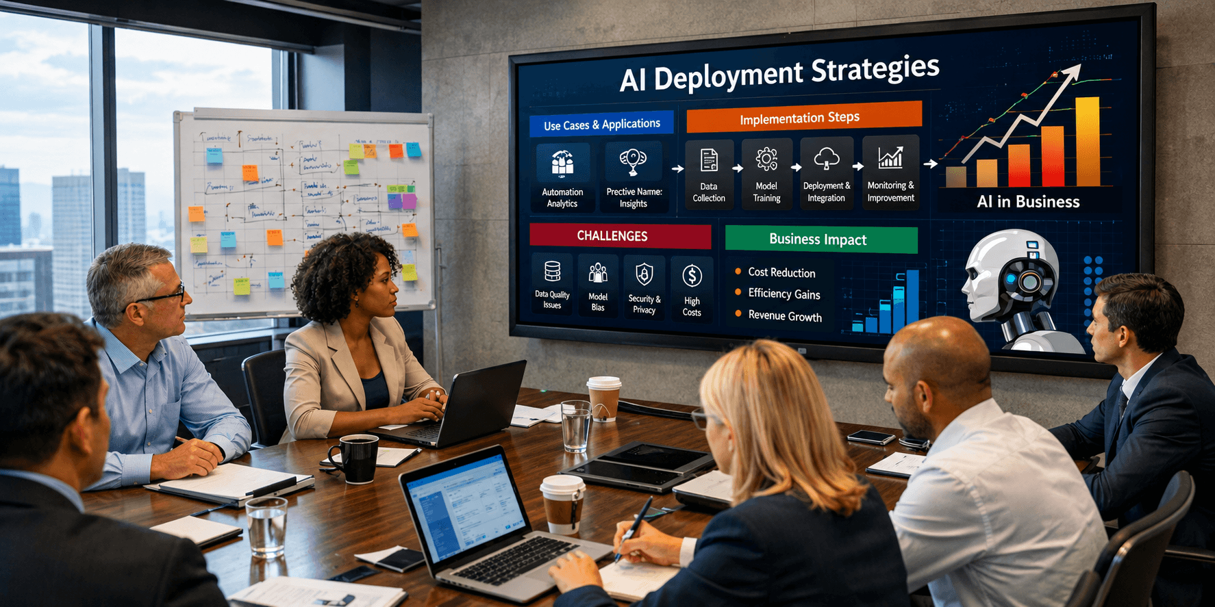 Senior executives reviewing AI deployment strategy on a boardroom display — illustrating how private equity firms are operationalising the OpenAI DeployCo and Anthropic enterprise AI ventures across portfolio companies