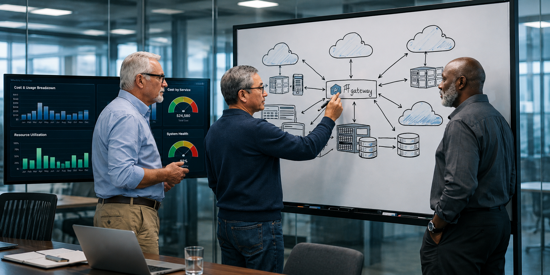 Senior engineers sketching an AI gateway network diagram on a whiteboard, showing the gateway routing traffic between client applications and LLM providers