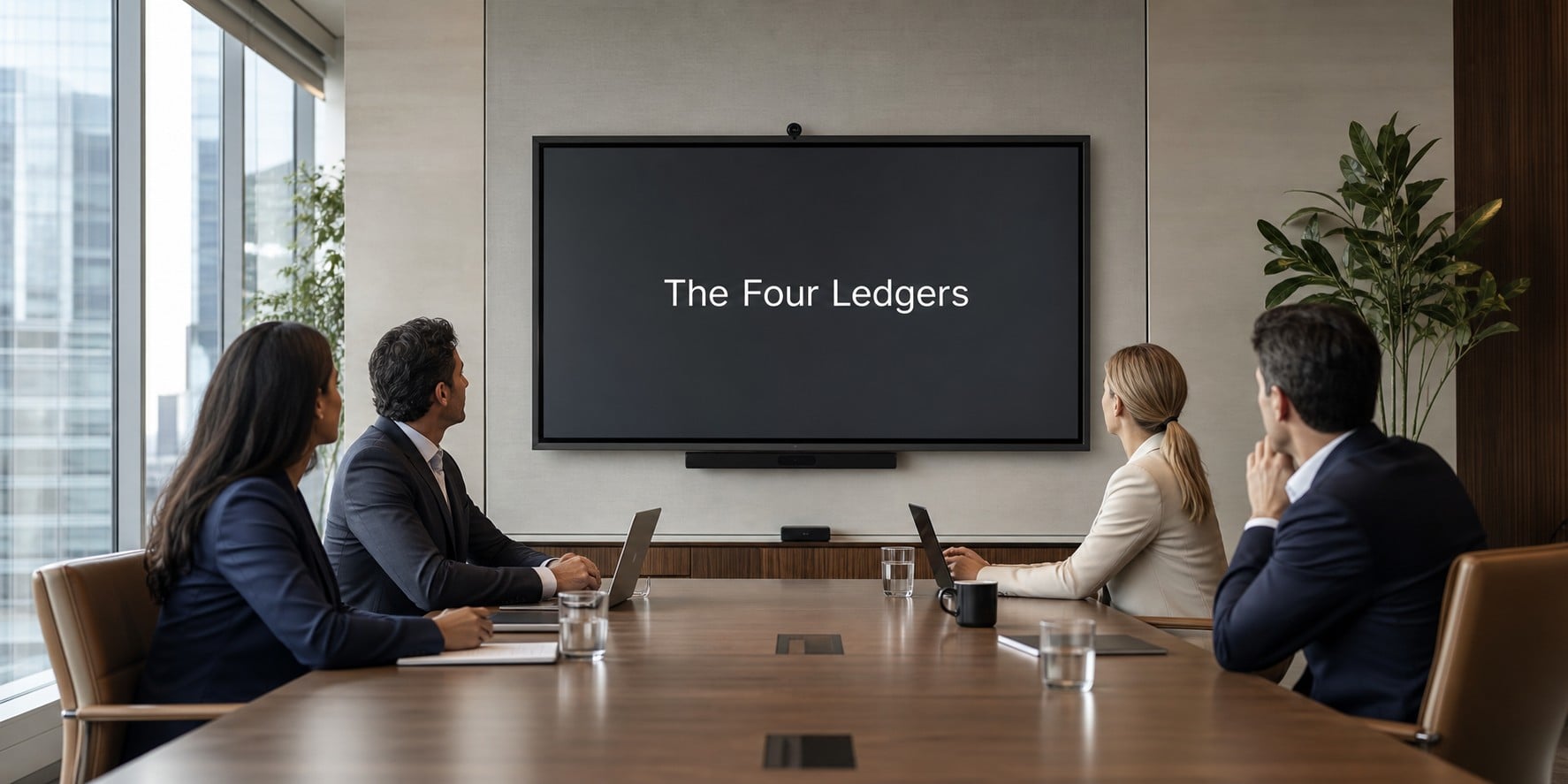 Five colleagues seated around a conference table in a bright modern office, looking at a large wall-mounted screen that reads The Four Ledgers.