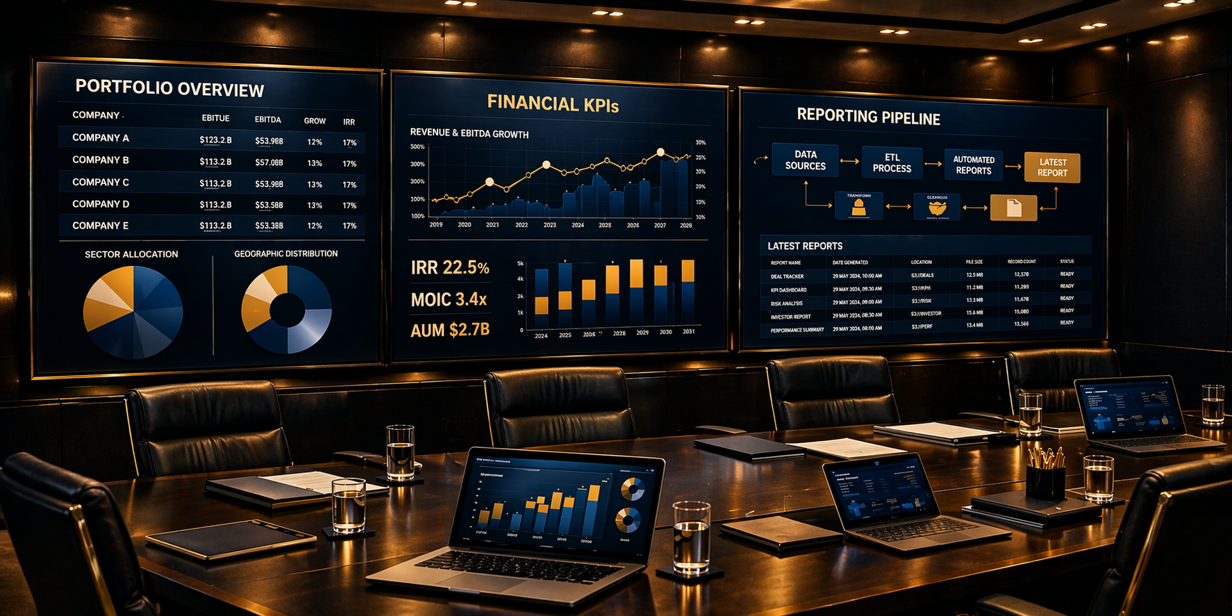 Private Equity War Room with Financial Dashboards and Gold Accents